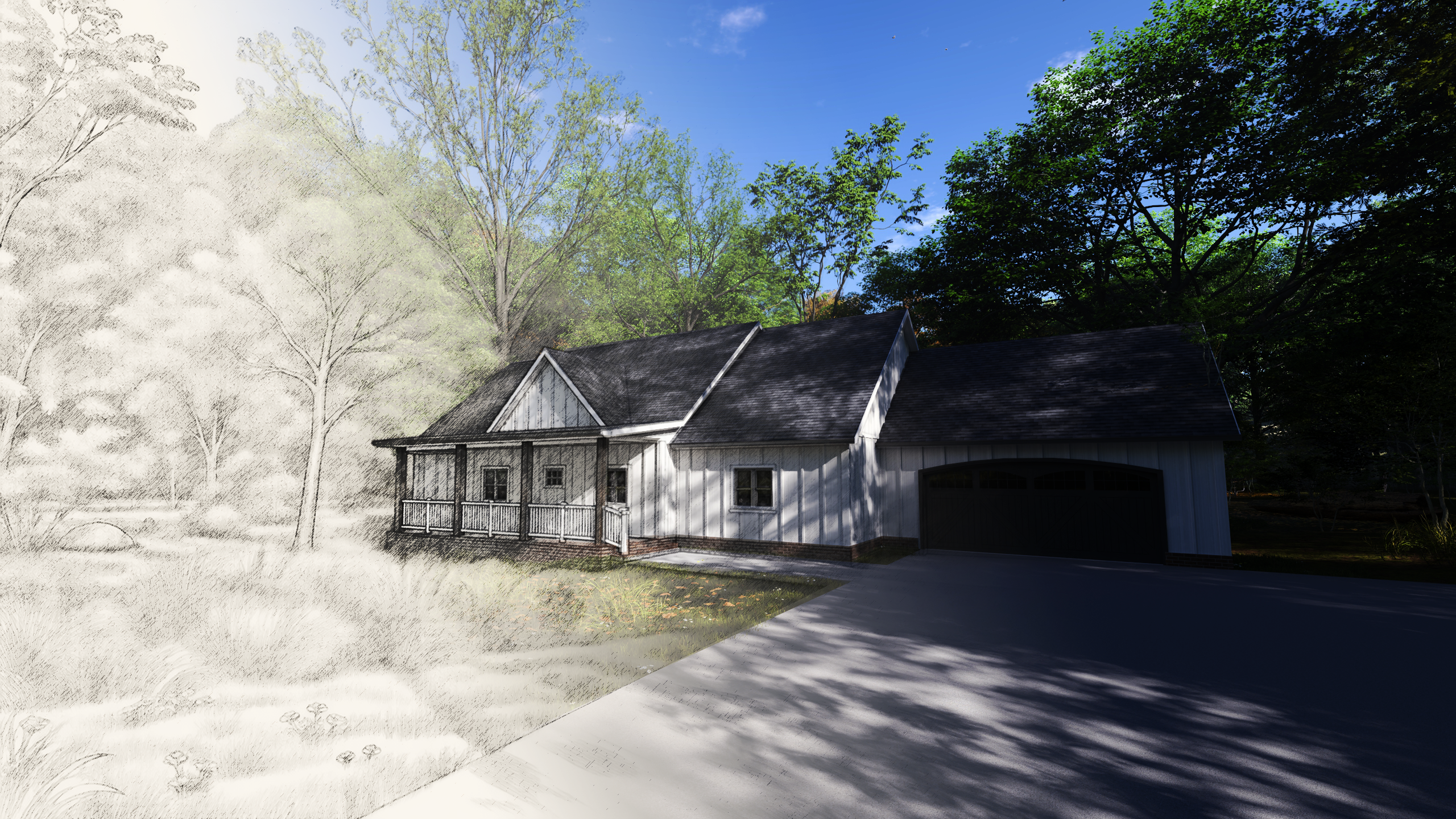 Warm modern farmhouse exterior, blending a sketch to photorealistic shot